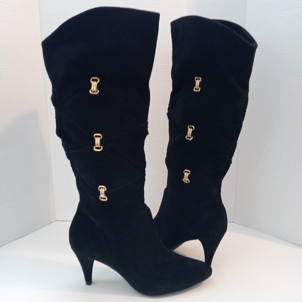 Antonio Melani Knee High Suede Pull On High Heel Boot Gold Hardware Women Size 8